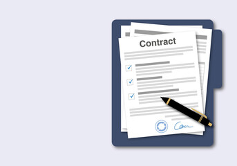 Folder of contract papers with approval stamp and contract signing on grey background. Illustration for agreements document or paperwork, web banners and websites concept, paper cut design style.