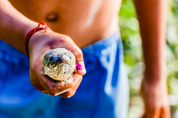 A villager boy holding a fish in hand - traditional fishing concept.