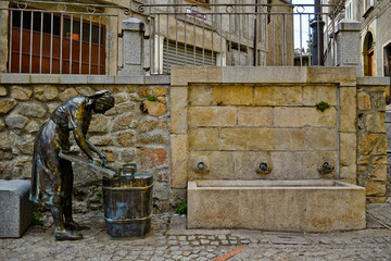 A statue and a fountain in a street of historic center of San Giovanni in Fiore, a medieval town in...