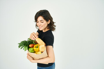 brunette with grocery package delivery shopping