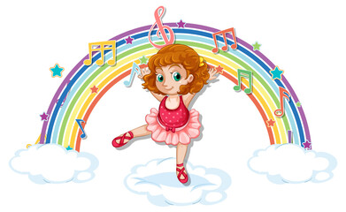 Obraz na płótnie Canvas Ballerina dancing on the cloud with melody symbols on rainbow