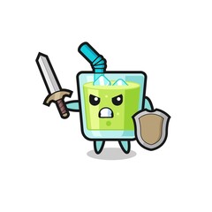 cute melon juice soldier fighting with sword and shield