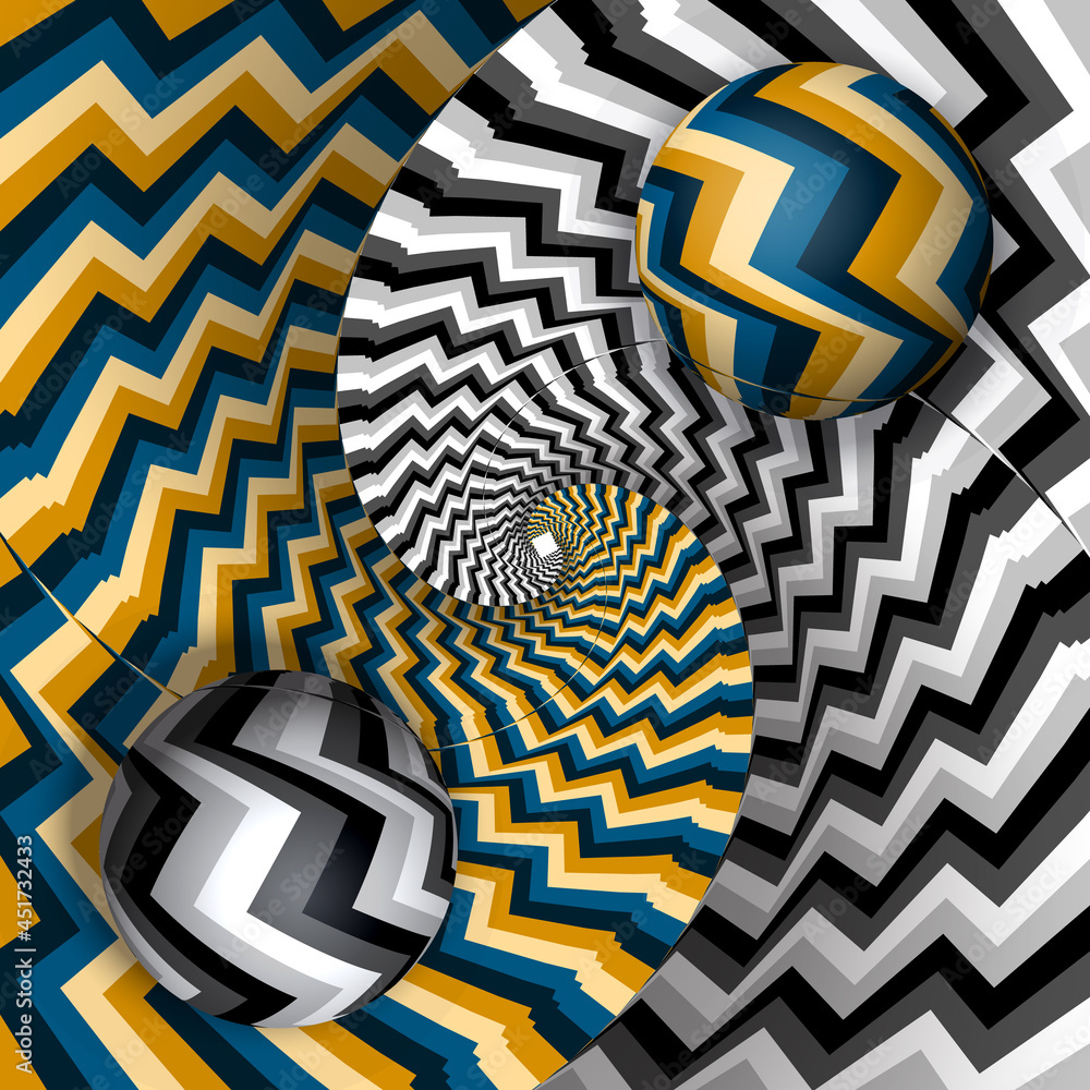 Aufkleber balls on spiral of color and monochrome streams. moving optical illusion vector surreal abstraction.