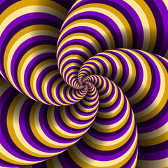 Five-sleeved expanding spiral of color stripes. Moving optical illusion vector abstraction.
