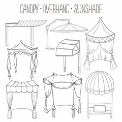 Set of vector outline images of awnings, gazebos, tents, awnings, sun shades and wedding canopies. Line art illustrations for printing advertisements, invitations, banners, logos.