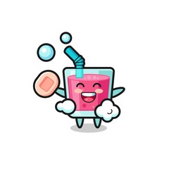 strawberry juice character is bathing while holding soap