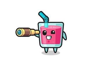 cute strawberry juice character is holding an old telescope
