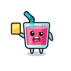cartoon strawberry juice character as a football referee giving a yellow card
