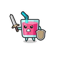cute strawberry juice soldier fighting with sword and shield