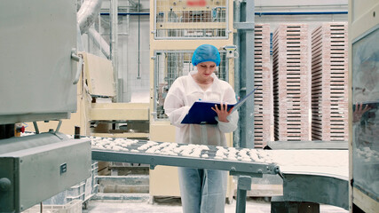Controller checking conveyor with candies. Candy factory. Young woman in uniform holding folder and...