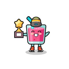 strawberry juice cartoon as an ice skating player hold winner trophy