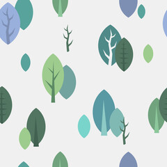 Colorful flat  trees and branches on light background. Seamless vector forest pattern. Minimalistic design for stationery, textile, wrapping paper, web.