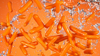 Fresh carrots flying in the air, orange gradient background.