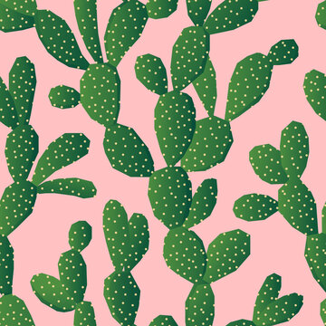 Green opuntia on a pink background seamless pattern design. Opuntia cactus texture for wrapping paper, stationery, textile, web banner. Succulents vector ornament