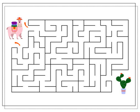 A logical game for children, help the llama to pass the maze and get to the cactus. vector