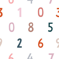 Number seamless pattern. Vector background with colorful numbers on white backdrop for kids