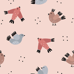 Cute birds seamless pattern. Lovely pink vector background with flying birds