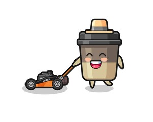 illustration of the coffee cup character using lawn mower