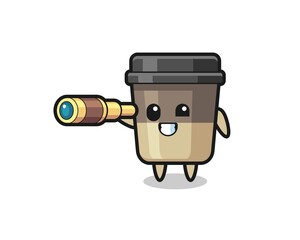 cute coffee cup character is holding an old telescope