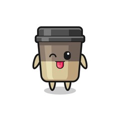 cute coffee cup character in sweet expression while sticking out her tongue
