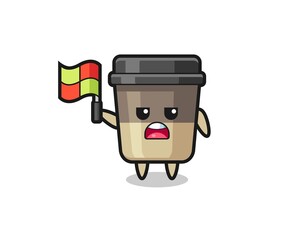 coffee cup character as line judge putting the flag up