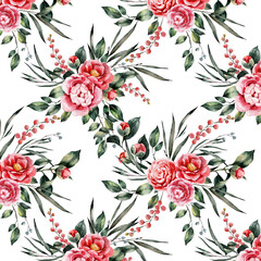 Floral seamless watercolor background.
Watercolor Floral pattern. Pattern of camellia and rose flowers.