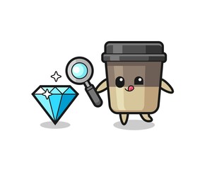 coffee cup mascot is checking the authenticity of a diamond