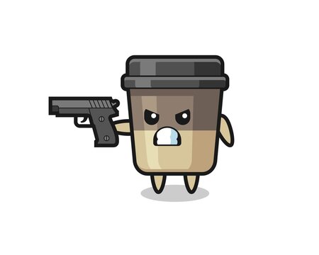 the cute coffee cup character shoot with a gun