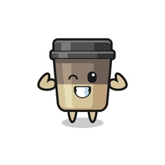 the muscular coffee cup character is posing showing his muscles