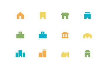 建物のシンプルなアイコンセット　家　ビル　学校　病院　銀行　ビジネス　住宅