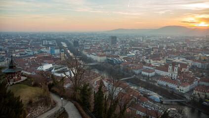 Graz Cityscape in Austria. Graz is the capital city of the southern Austrian province of Styria. At its heart is Hauptplatz, the medieval old town s main square. Beautiful Sunset Light.