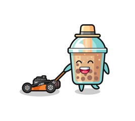 illustration of the bubble tea character using lawn mower