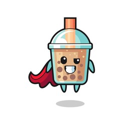 the cute bubble tea character as a flying superhero