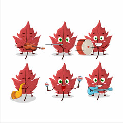 Cartoon character of red autumn leaf playing some musical instruments
