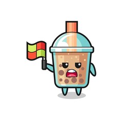 bubble tea character as line judge putting the flag up