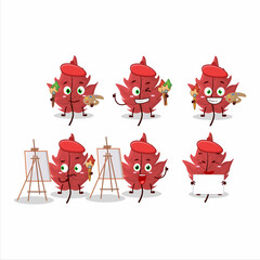 Artistic Artist of red autumn leaf cartoon character painting with a brush