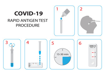 How to use the COVID-19 antigen test kit. An infographic showing procedure for using the rapid antigen test kit. - obrazy, fototapety, plakaty
