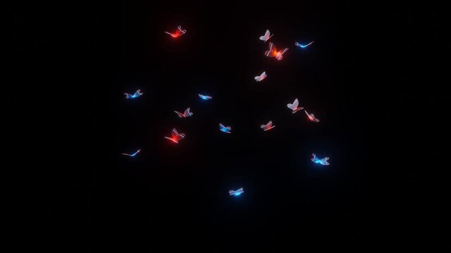 glowing red and blue butterflies fly on a black background. looped animation. 3d render