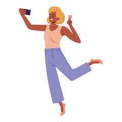 Girl doing selfie, Dark skin girl holding smartphone and making selfie in vertor illustration flat style
