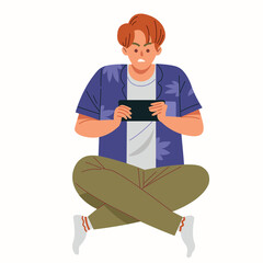 Boy holding smartphone and playing game. Cartoon flat style character vector illustration.