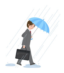 豪雨の中で傘を差して歩く男性社員
