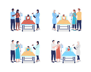 Pediatric emergency room semi flat color vector characters set. Full body people on white. Treating ill, trauma patients isolated modern cartoon style illustration for graphic design and animation