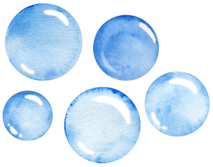 Watercolor blue circles. Hand drawn round shapes. Painted water bubbles.