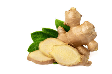 fresh ginger root sliced ​​with leaves prevent covid-19 isolated on white background  