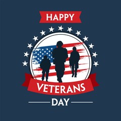 Happy veterans day with USA flag with soldier background