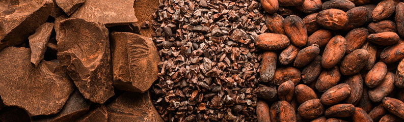 Cocoa beans and natural chocolate pieces, long banner