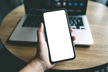 Women's hands holding cell telephone blank copy space screen. smartphone with blank white screen isolated on white background . smart phone with technology concept