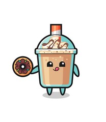 illustration of an milkshake character eating a doughnut