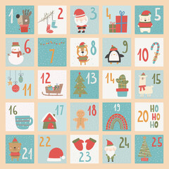 Advent calendar. Christmas poster. Xmas numbers. Joy funny lettering geometric forms festive concept calendar numbers recent vector templates for celebration placards.