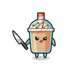 cute milkshake mascot as a psychopath holding a knife